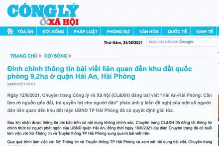 Bài viết đính chính của Báo Công lý.