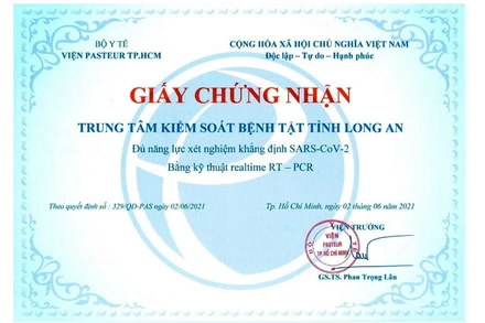 Trung tâm Kiểm soát bệnh tật tỉnh Long An được phép xét nghiệm khẳng định SARS-CoV-2.