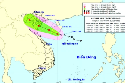 Vị trí và hướng di chuyển của áp thấp nhiệt đới. (Nguồn: nchmf.gov.vn)