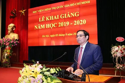 Đồng chí Phạm Minh Chính phát biểu tại Lễ khai giảng năm học mới 2019- 2020 của Học viện Chính trị quốc gia Hồ Chí Minh. Ảnh: TTXVN