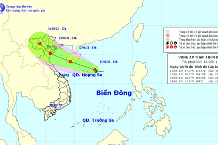 Vị trí và hướng di chuyển của vùng áp thấp. (Nguồn: nchmf.gov.vn)