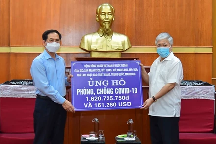 Bộ trưởng Ngoại giao Bùi Thanh Sơn trao cho MTTQVN số tiền trị giá hơn 6,2 tỷ đồng. (Ảnh: Bộ Ngoại giao)