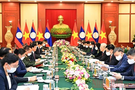 Tổng Bí thư Nguyễn Phú Trọng hội đàm với Tổng Bí thư, Chủ tịch nước Lào Thongloun Sisoulith. Ảnh: Đăng Khoa.