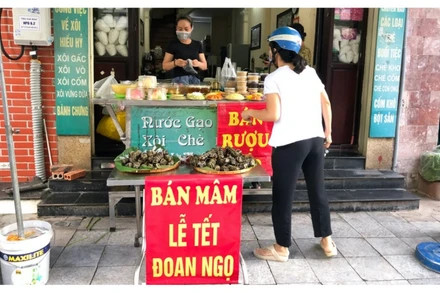 Sáng 14-6 - ngày Tết Đoan Ngọ (mồng 5-5 âm lịch), từ sớm, người dân Hà Nội tấp nập mua rượu nếp, hoa quả, bánh gio... về thắp hương.