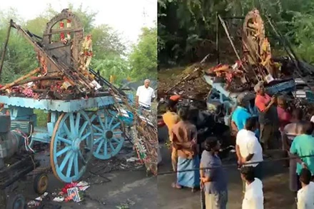 Vụ điện giật xảy ra khi phần đầu của cỗ xe rước được trang trí cầu kỳ để rước vào đền đã vướng vào đường dây điện cao thế ở bên trên và gây hỏa hoạn. (Nguồn: Zee Media)