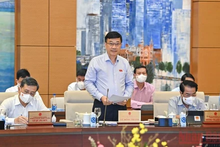 Chủ nhiệm Ủy ban Kinh tế Vũ Hồng Thanh, đại diện Đoàn giám sát trình bày báo cáo tại phiên họp. (Ảnh Duy Linh)