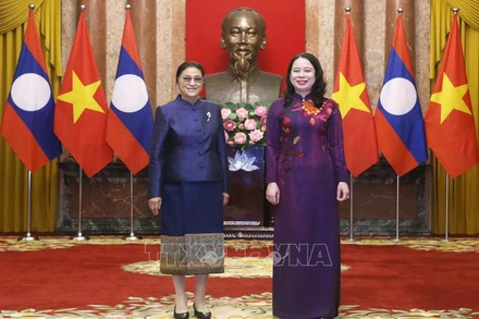 Phó Chủ tịch nước Võ Thị Ánh Xuân đón Phó Chủ tịch nước Lào Pany Yathotou. (Ảnh: TTXVN)