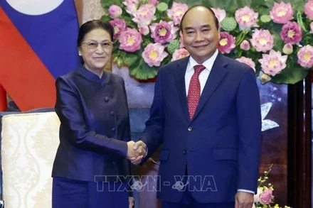 Chủ tịch nước Nguyễn Xuân Phúc tiếp Phó Chủ tịch nước CHDCND Lào Pany Yathotou. (Ảnh: TTXVN)