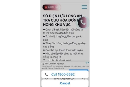 Thông tin quảng cáo giả mạo xuất hiện trên mạng xã hội: Số điện thoại Điện lực Long An – Tra cứu hóa đơn, Báo hỏng khu vực – 19006592.