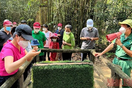 Khách du lịch tham quan Khu di tích lịch sử địa đạo Củ Chi, huyện Củ Chi, Thành phố Hồ Chí Minh. (Ảnh: Mạnh Hảo)