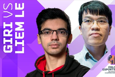 Lê Quang Liêm (phải) thi đấu áp đảo trước kỳ thủ số 1 Hà Lan Anish Giri. (Ảnh: Chess24)