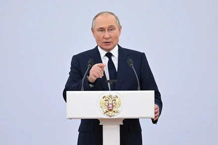 Tổng thống Nga Vladimir Putin phát biểu tại Điện Kremlin, Moskva, Nga, ngày 26/4/2022. (Ảnh: Sputnik/Điện Kremlin/Reuters)
