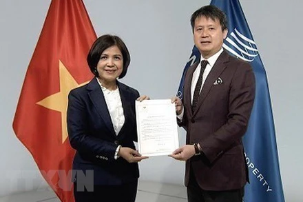 Đại sứ Lê Thị Tuyết Mai trao văn kiện Việt Nam gia nhập Hiệp ước WIPO về buổi biểu diễn và bản ghi âm cho Tổng giám đốc WIPO Daren Tang. (Ảnh: TTXVN)