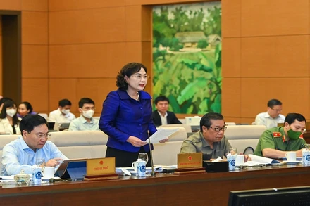 Thống đốc Ngân hàng Nhà nước Nguyễn Thị Hồng phát biểu tại phiên họp. (Ảnh Duy Linh)