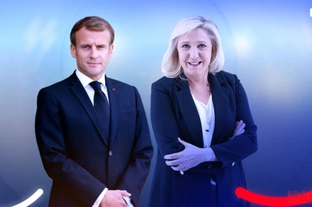 Hai ứng cử viên lọt vào vòng hai bầu cử tổng thống Pháp: ông Emmanuel Macron và bà Marine Le Pen. Ảnh: BFMTV.