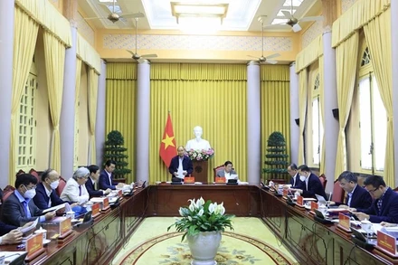 Chủ tịch nước Nguyễn Xuân Phúc phát biểu tại buổi làm việc. (Ảnh: Thống Nhất/TTXVN)