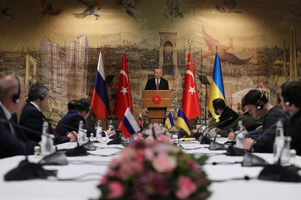 Trước thềm đàm phán tại Istanbul ngày 29/3, phái đoàn Nga và Ukraine có cuộc gặp với Tổng thống Thổ Nhĩ Kỳ Tayyip Erdogan. (Ảnh: Reuters)