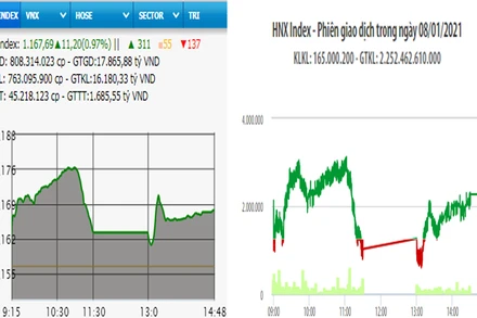 Diễn biến VN-Index và HNX-Index, phiên giao dịch ngày 8-1. 