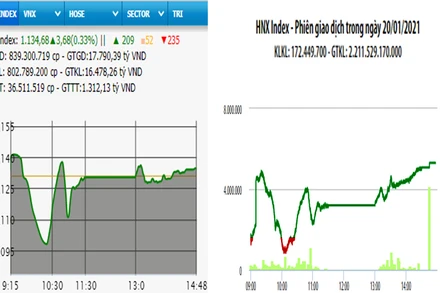 Diễn biến VN-Index và HNX-Index, phiên giao dịch ngày 20-1. 