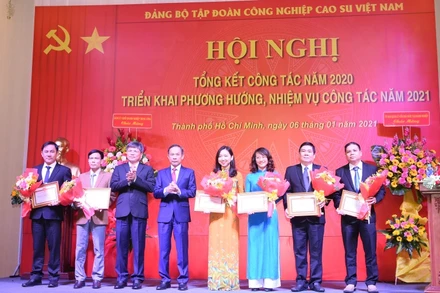 Lãnh đạo Đảng ủy VRG tặng bằng khen cho sáu đơn vị đạt thành tích trong sạch vững mạnh tiêu biểu năm 2020.