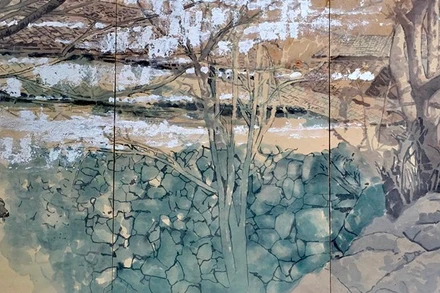 Xuân sắp về (Mầu nước - Giấy Dó. 225cm x 105cm, 2020 - 2021).