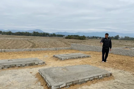 Ông Lò Văn Thông, Bí thư chi bộ bản Món chỉ cho phóng viên khu ruộng đã được đổ đất, xây quây và các mộ giả… khiến người dân vô cùng bức xúc. 