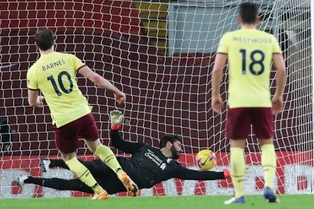 A. Barnes (số 10) ghi bàn thắng duy nhất cho Burnley trên chấm 11m.