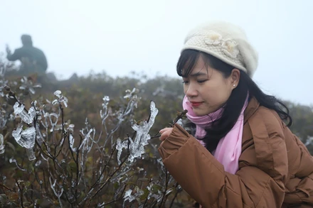 Bạn trẻ thích thú trước hiện tượng băng giá.