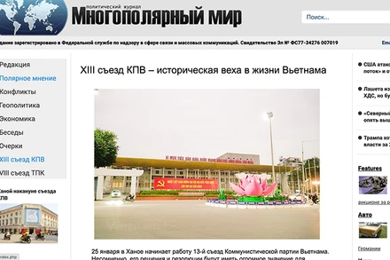 Giao diện bài viết trên tờ Tạp chí chính trị “Thế giới đa cực” của Nga (Ảnh chụp màn hình)