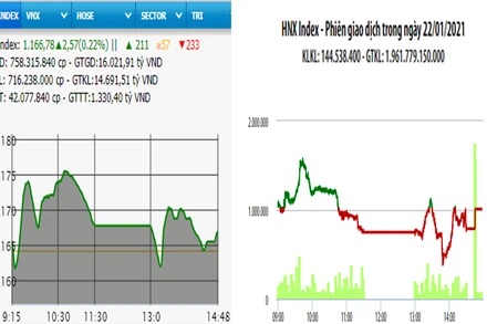 Diễn biến VN-Index và HNX-Index, phiên giao dịch ngày 22-1. 