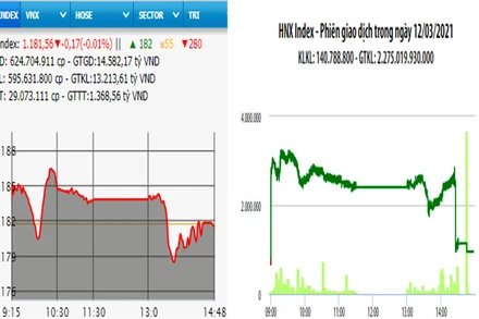 Diễn biến VN-Index và HNX-Index, phiên giao dịch ngày 12-3. 