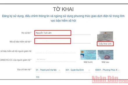 Màn hình khai báo các thông tin đăng ký trên cổng dịch vụ công BHXH Việt Nam.
