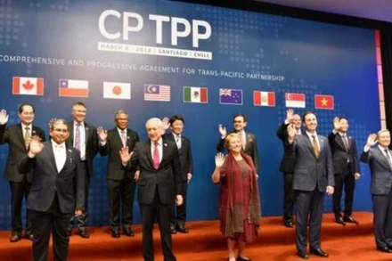 Các đại diện của 11 quốc gia thành viên Hiệp định CPTPP nhóm họp ngày 8-3-2018, tại Thủ đô Santiago, Chile để ký kết hiệp định. (Ảnh: Nikkei)