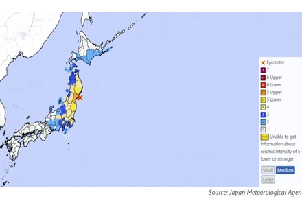 Tâm chấn của trận động đất được đánh dấu màu đỏ. (Ảnh: Cơ quan Khí tượng Nhật Bản)