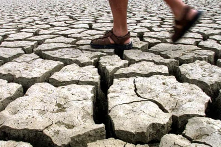 Một người đàn ông đi bộ qua hồ Jato khô cạn ở Italy. Ảnh: Reuters.