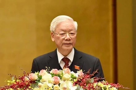 Tổng Bí thư, Chủ tịch nước Nguyễn Phú Trọng trình bày Báo cáo tóm tắt Tổng kết công tác nhiệm kỳ 2016-2021 của Chủ tịch nước, sáng 24-3. (Ảnh: TRẦN HẢI)