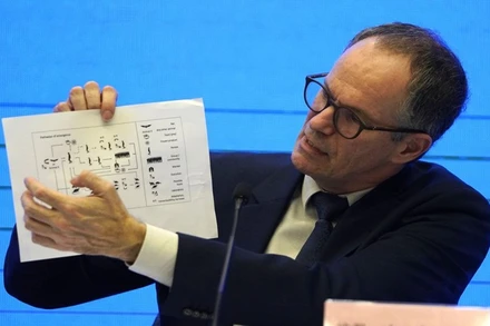 Ông Peter Ben Embarek, thành viên của đoàn chuyên gia WHO, trình bày giả thuyết lây nhiễm virus trong cuộc họp báo chung kết thúc chuyến thực tế tại Vũ Hán, ngày 9-2. (Ảnh: AP)