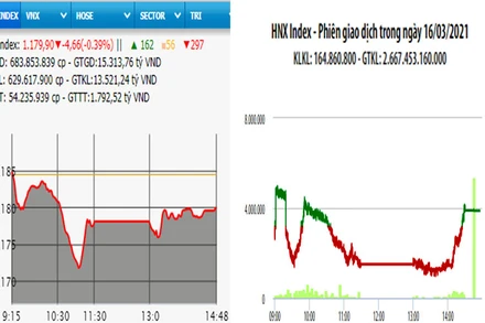 Diễn biến VN-Index và HNX-Index, phiên giao dịch ngày 16-3. 