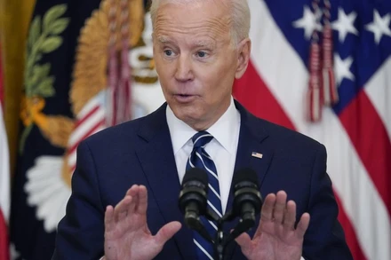 Tổng thống Mỹ Joe Biden phát biểu trong một cuộc họp báo của Nhà trắng ngày 25-3. Ảnh: AP.