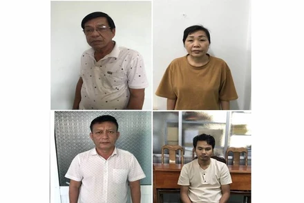 Từ trái qua phải, các đối tượng: Đào Ngọc Cảnh, Hoàng Thị Tâm, Ngô Văn Trọng và Vũ Văn Quý. (Ảnh: Công an An Giang cung cấp)