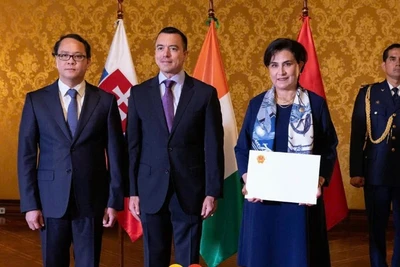 Đại sứ Nguyễn Việt Cường trình Thư ủy nhiệm của Chủ tịch nước Lương Cường lên Tổng thống Cộng hòa Ecuador Daniel Noboa. (Ảnh: Đại sứ quán Việt Nam tại Chile)