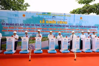 Các đại biểu nhấn lệnh khởi công dự án nạo vét, cải tạo môi trường bờ bắc Kênh Đôi.
