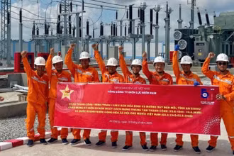 Công nhân Xí nghiệp Cao thế An Giang chào mừng công trình hoàn thành đúng dịp cả nước chào mừng Kỷ niệm 80 năm Cách Mạng Tháng Tám thành công và Quốc khánh 2/9.