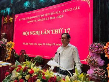 Đồng chí Phạm Viết Thanh, Ủy viên Trung ương Đảng, Bí thư Tỉnh ủy Bà Rịa-Vũng Tàu phát biểu tại hội nghị.
