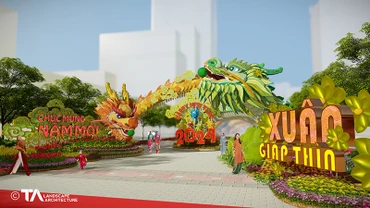 Phối cảnh cổng chào Đường hoa Nguyễn Huệ Tết 2024 với “Lưỡng Long triều liên”. 