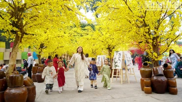 Những cành mai vàng kết hợp với hơn 5.000 cây tre tạo hình nghệ thuật bao phủ mặt tiền đường Phạm Ngọc Thạch, cùng với vườn mai vô cực bên trong khuôn viên Nhà văn hóa Thanh niên Thành phố Hồ Chí Minh từ sáng sớm đã có rất đông người lớn và trẻ em đến thưởng ngoạn không khí Tết sớm.