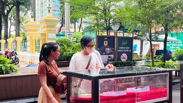 Người dân tham quan các tác phẩm trưng bày tại Đường sách Thành phố.