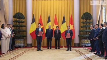 Chủ tịch nước Lương Cường và Nhà Vua Vương quốc Bỉ Philippe chứng kiến Lễ trao văn kiện hợp tác giữa Việt Nam-Bỉ.