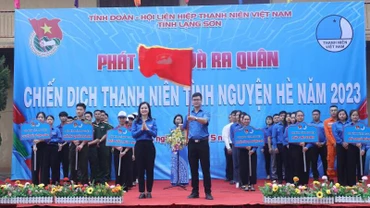 Các đại biểu và đoàn viên, thanh niên tham dự buổi lễ phát động ra quân chiến dịch Thanh niên tình nguyện hè năm 2023.