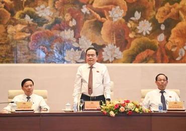 Chủ tịch Quốc hội Trần Thanh Mẫn phát biểu tại cuộc gặp mặt. (Ảnh: DUY LINH)